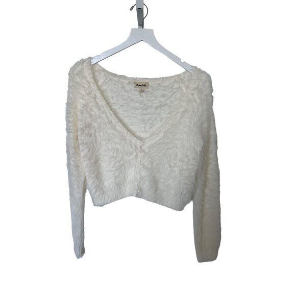 Open Edit Ivory Eyelash Fluffy Knit Cropped Cardigan - Picture 4 of 6